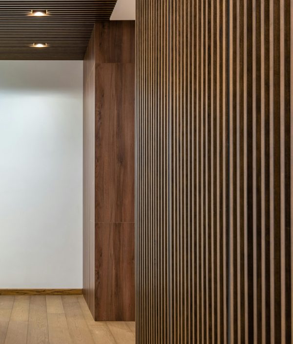 Spacious contemporary hallway with wooden paneling and ceiling lights.